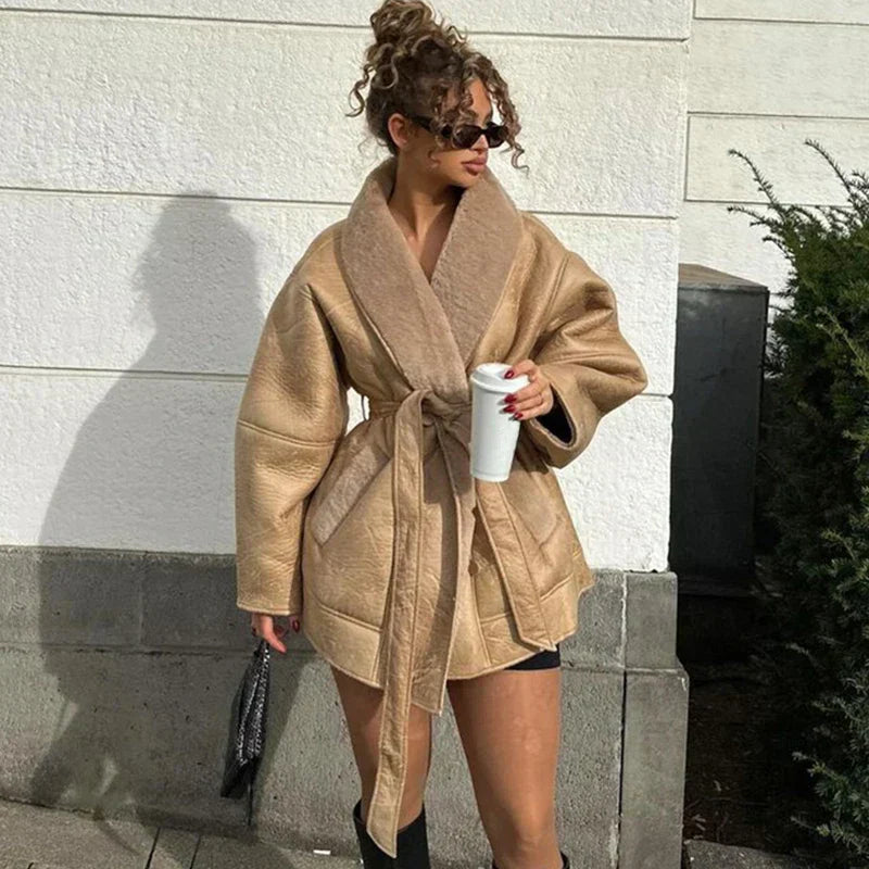 Women’s Belted Winter Jacket - Mid Length - Long Sleeve - Plush Lined - Structured Silhouette