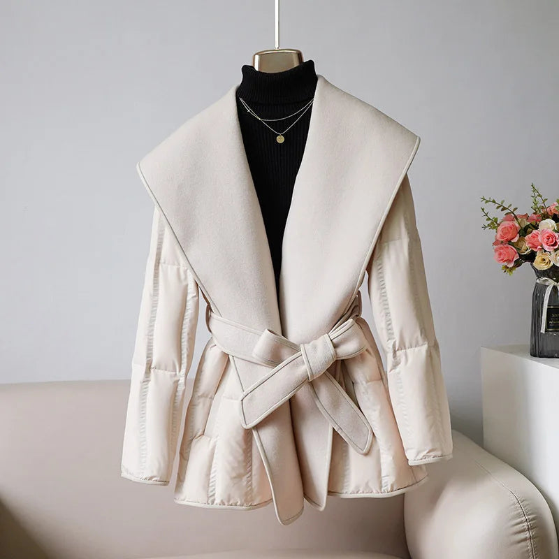 Women’s Belted Winter Down Jacket with Oversized Shawl Collar