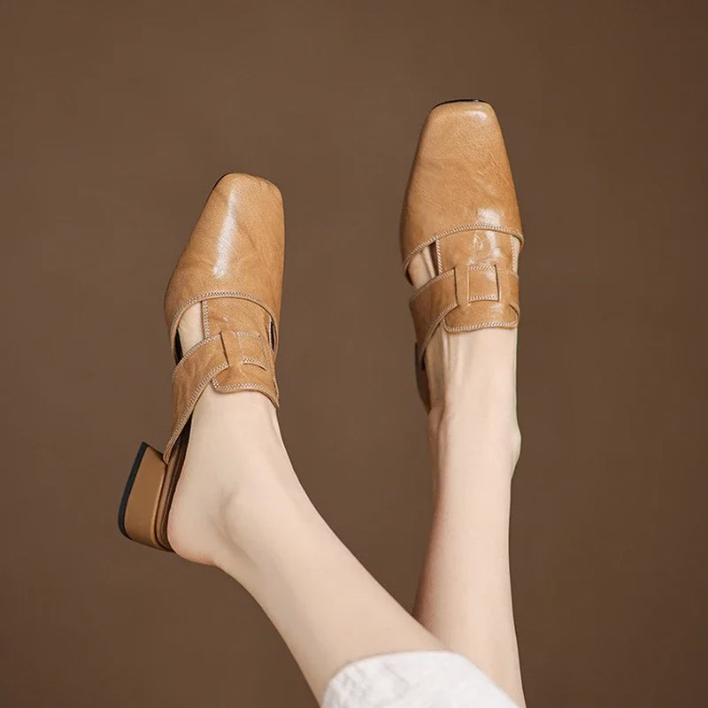 Women's Square Toe Block Heel Leather Mules with Cutout Strap