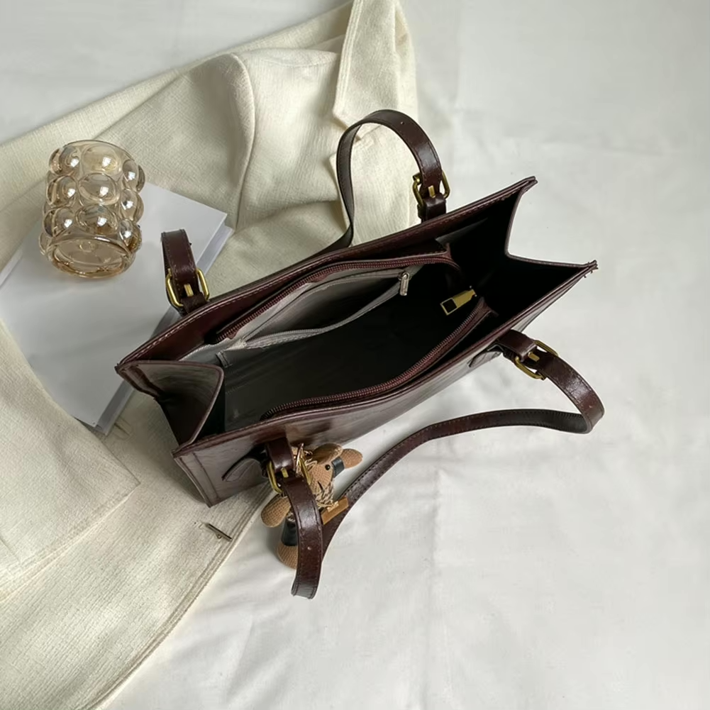 Women's Structured Shoulder Tote Bag - Buckle Strap Detail with Bunny Charm and Gold-Tone Hardware
