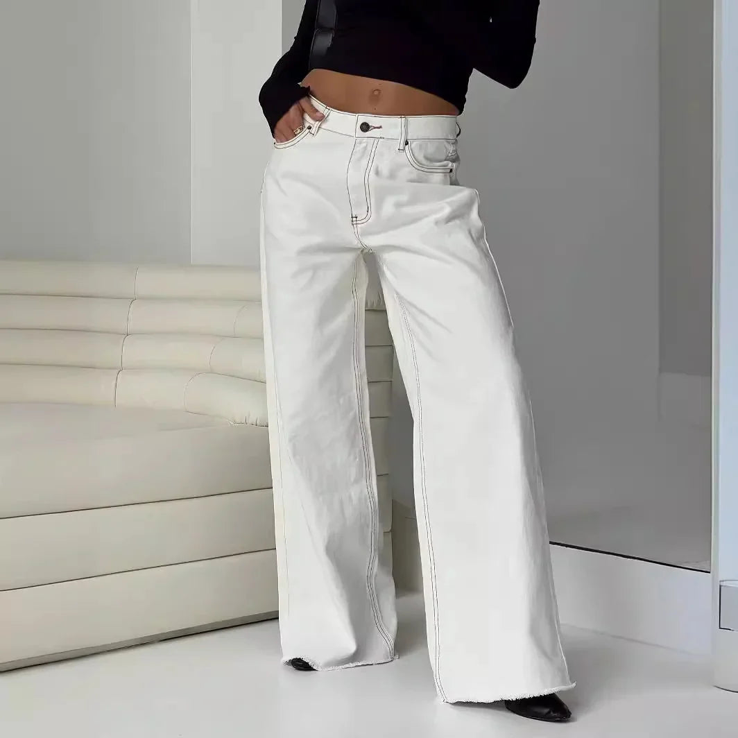 Women’s Wide Leg Jeans with High Waist Button Closure Five Pocket Design and Contrast Stitching