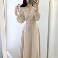 Women's V Neck Puff Sleeve A Line Midi Dress - Long Sleeve