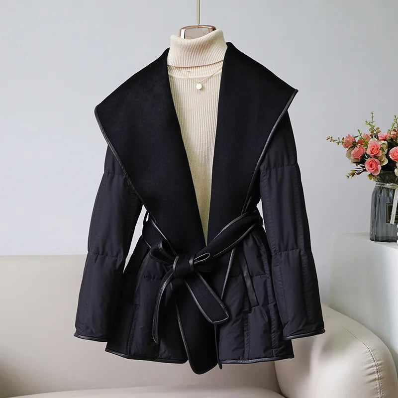 Women’s Belted Winter Down Jacket with Oversized Shawl Collar