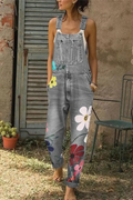 Women's Floral Print Denim Jumpsuit - Sleeveless Overall with Adjustable Straps - Pockets