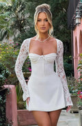 Women's Lace Mini Dress - Sweetheart Tie Front with Sheer Lace Long Sleeves and Corset Lace-Up Back