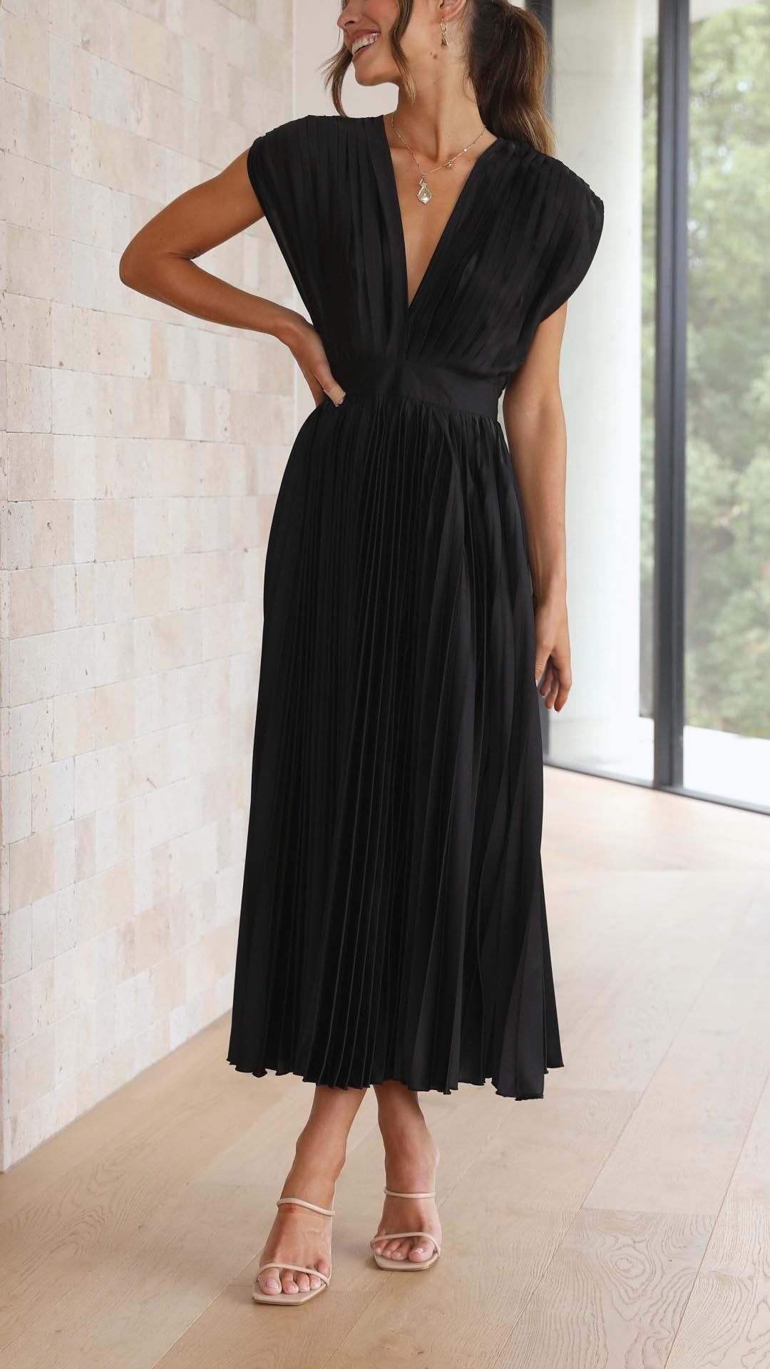 Women’s Pleated Midi Dress with Deep V Neck and Defined Waist