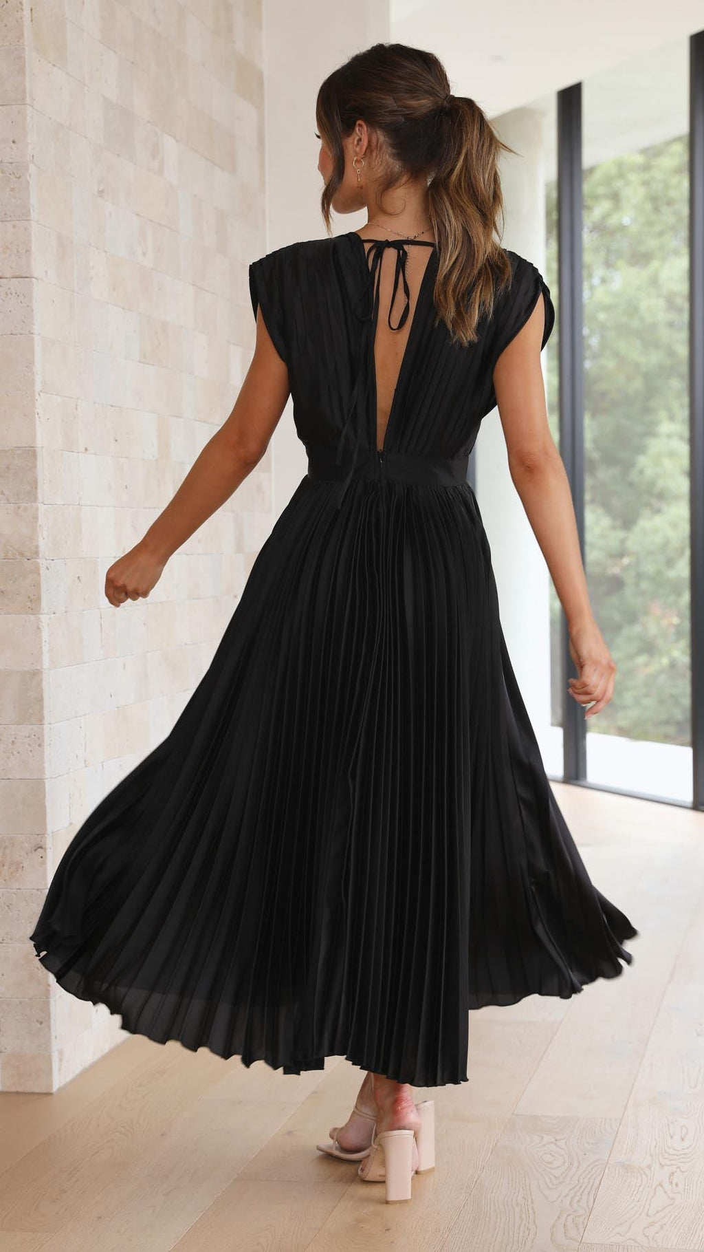 Women’s Pleated Midi Dress with Deep V Neck and Defined Waist