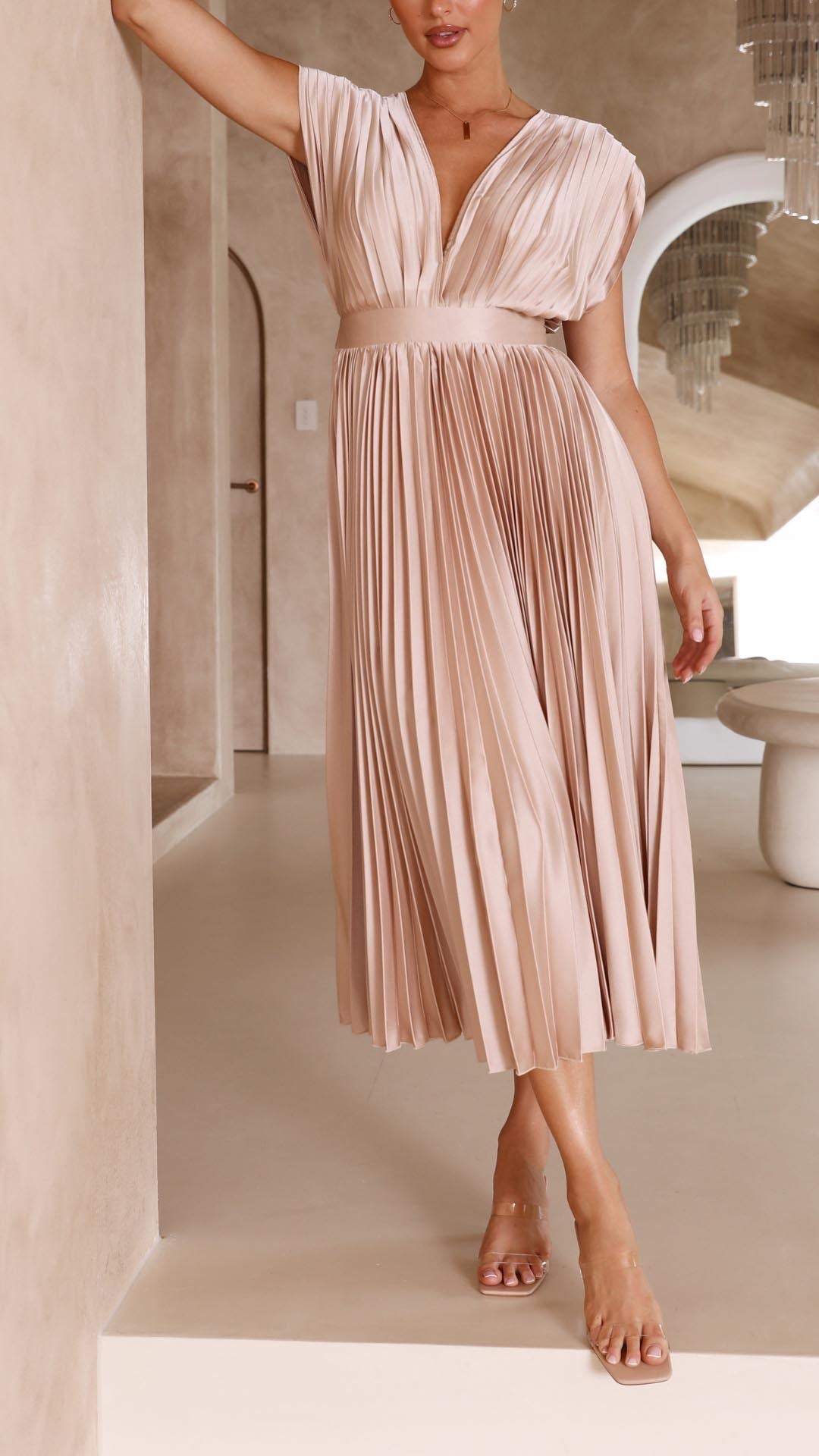 Women’s Pleated Midi Dress with Deep V Neck and Defined Waist