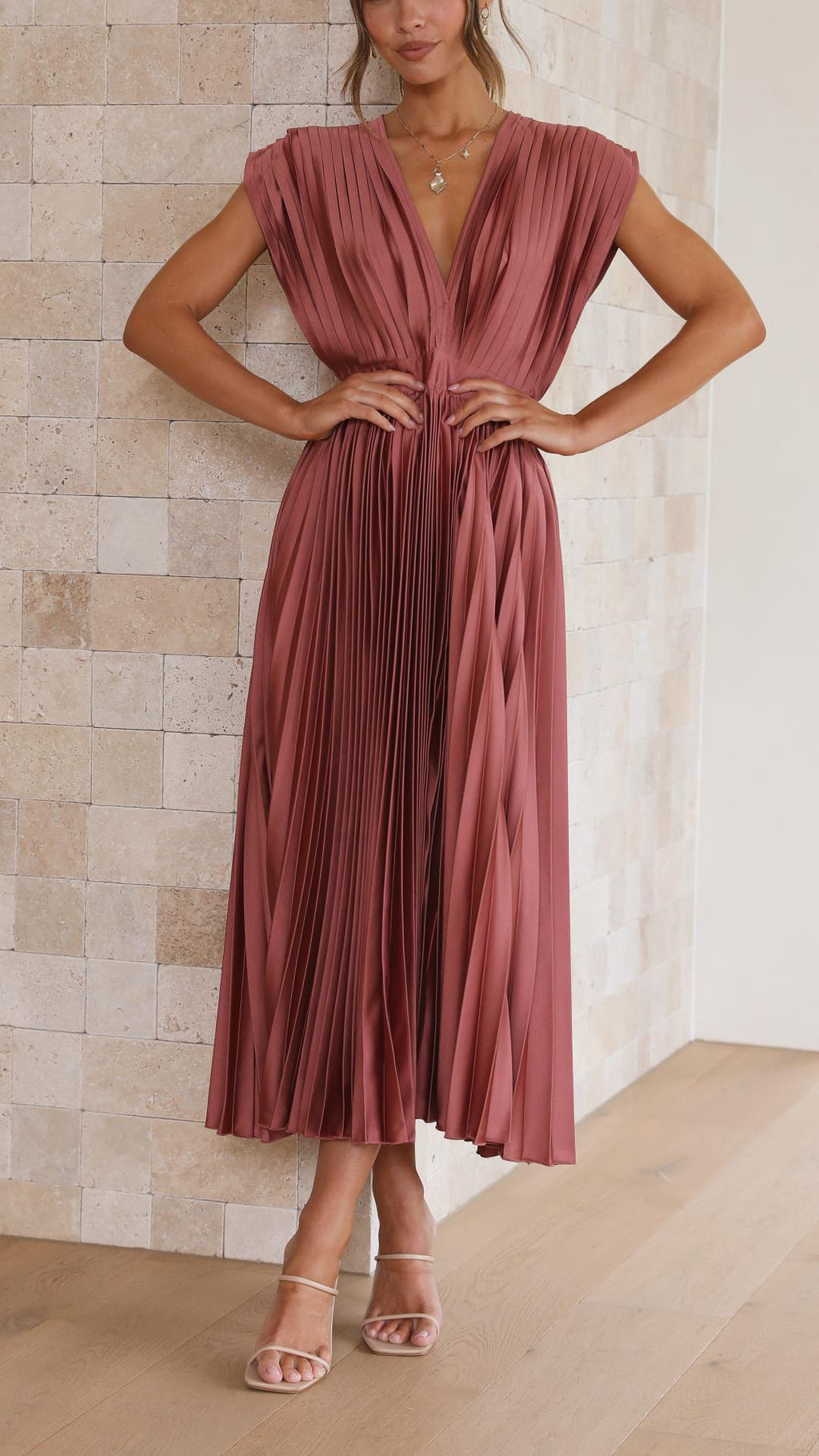 Women’s Pleated Midi Dress with Deep V Neck and Defined Waist