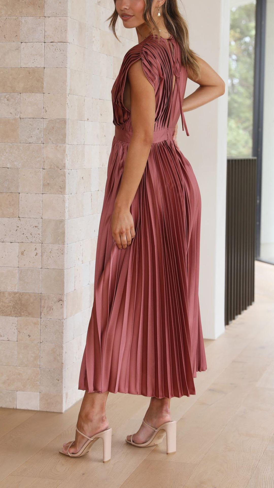 Women’s Pleated Midi Dress with Deep V Neck and Defined Waist