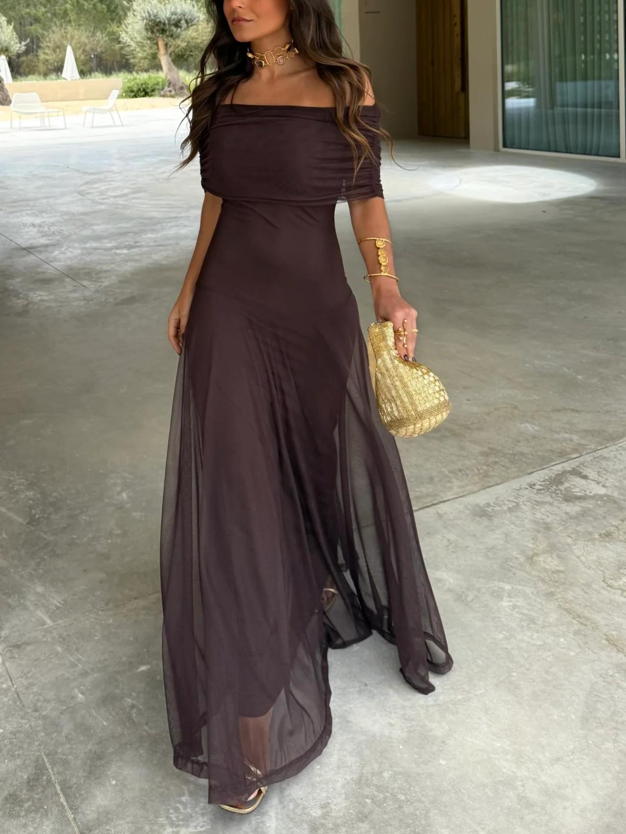 Women's Off Shoulder Ruched Mesh -  Maxi Dress Style