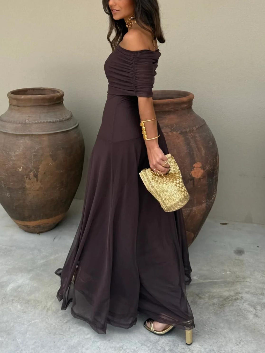 Women's Off Shoulder Ruched Mesh -  Maxi Dress Style