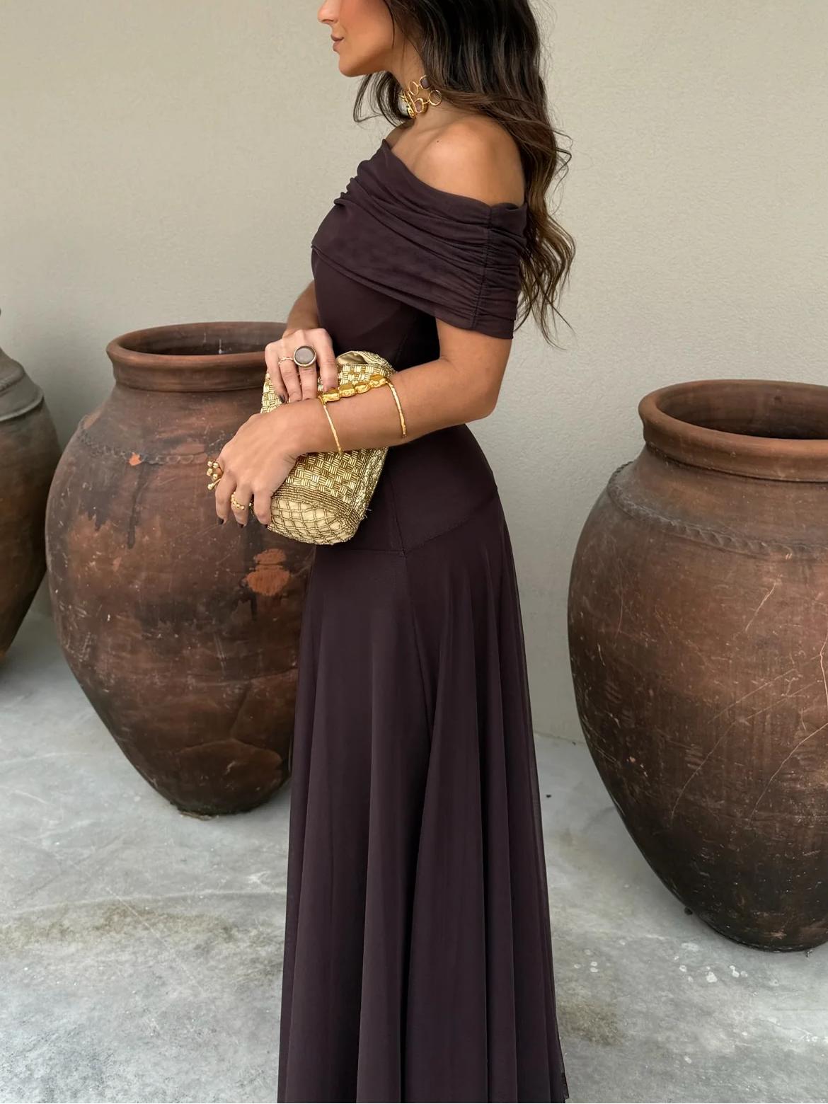 Women's Off Shoulder Ruched Mesh -  Maxi Dress Style