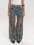 Women's High Waisted Transparent Panel Wide Leg Denim Jeans