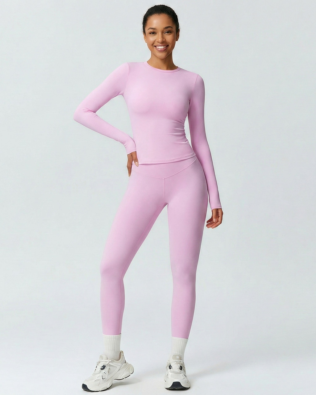 Two Piece Activewear Set - Slim Fit Long Sleeve Top - High Waist Leggings Matching Outfit