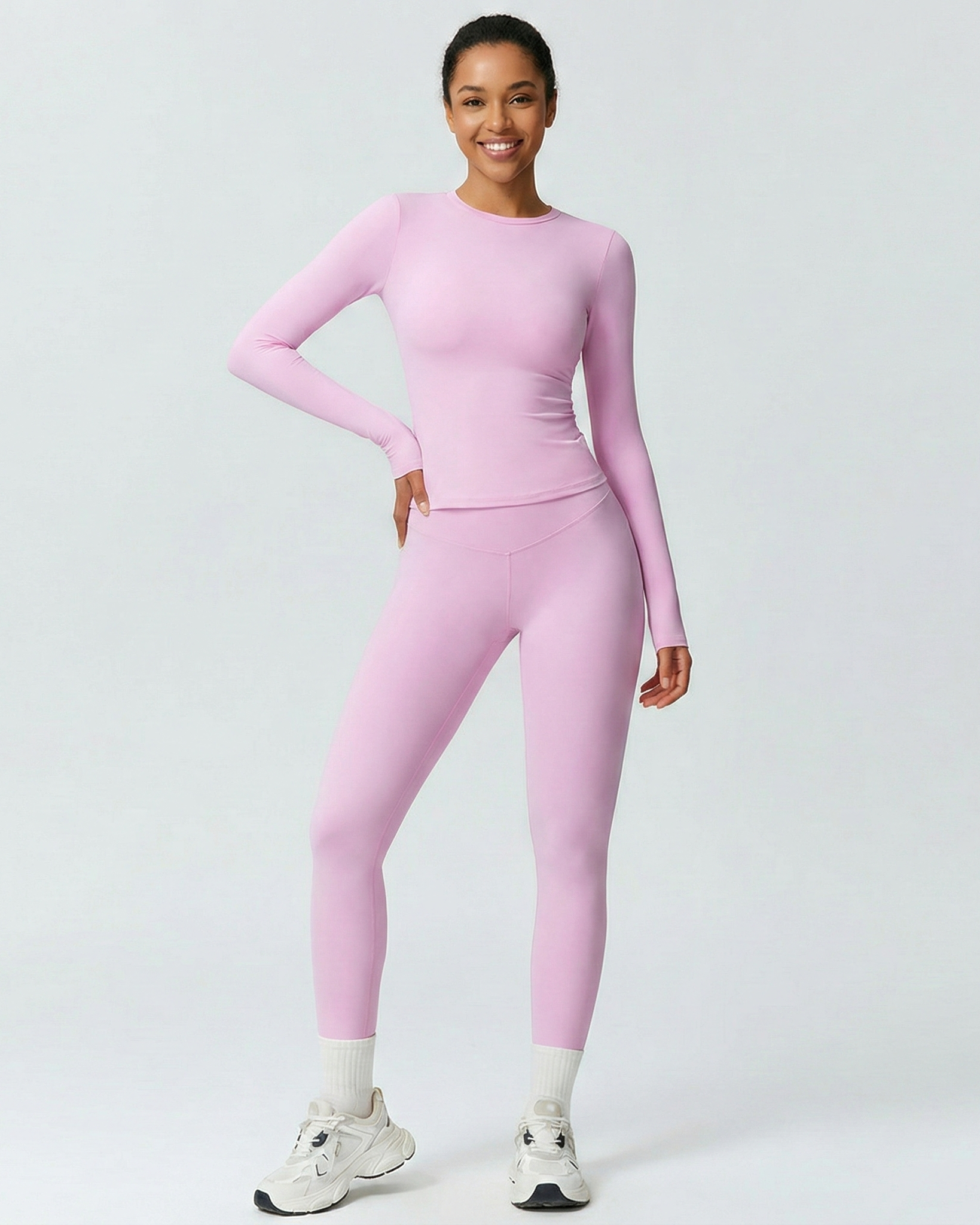 Two Piece Activewear Set - Slim Fit Long Sleeve Top - High Waist Leggings Matching Outfit