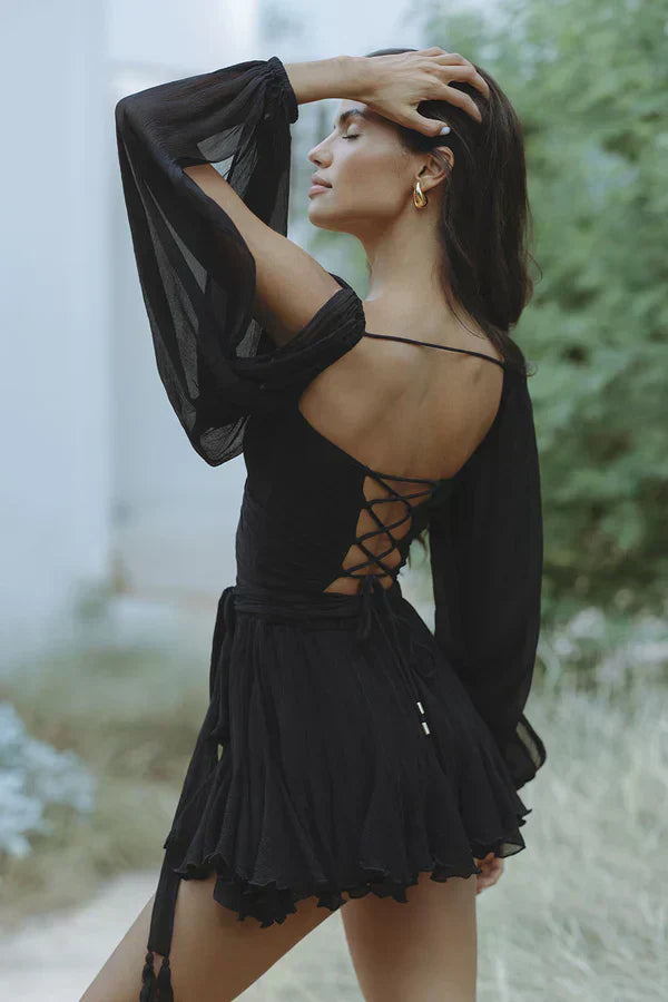Women’s Wrap Mini Dress with Long Sheer Sleeves and Tie Waist