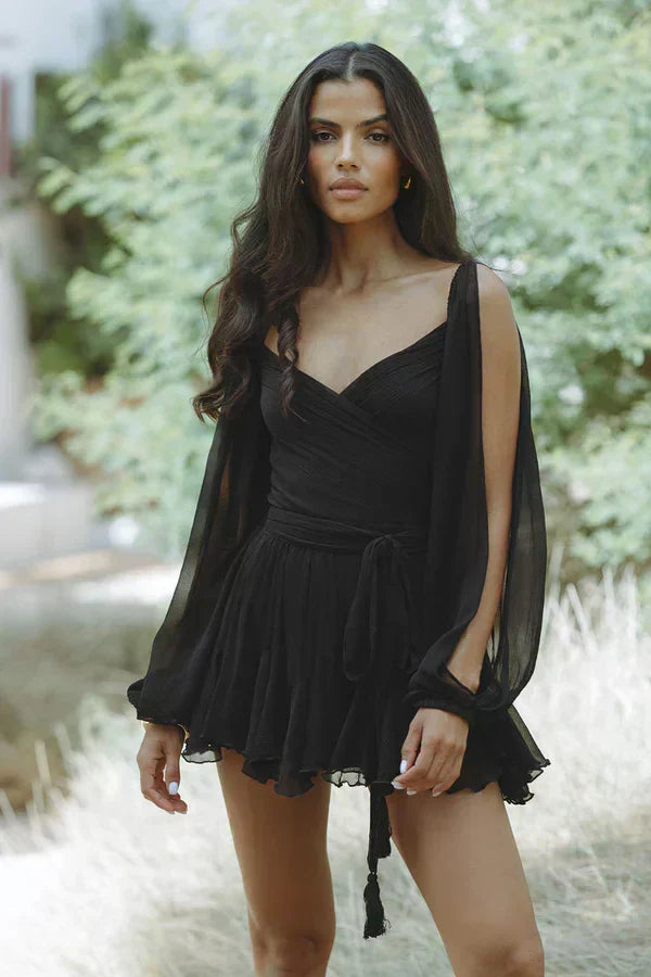 Women’s Wrap Mini Dress with Long Sheer Sleeves and Tie Waist