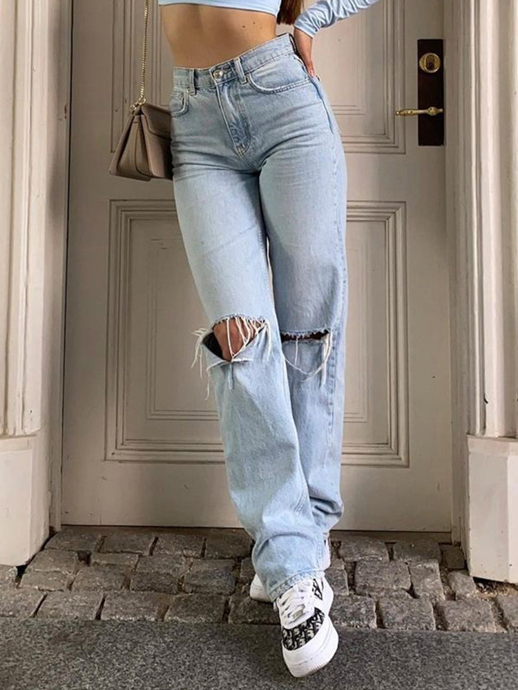 Women's High Waisted Distressed Wide Leg Baggy Jeans - Ripped