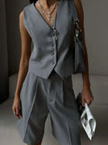 Women's Button Front V Neck Sleeveless Vest Wide Leg Shorts Set