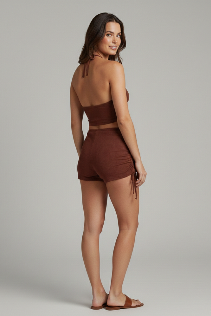 Women's Halter Neck Crop Top and Shorts Swimsuit Set - Ring Detail - Ruched