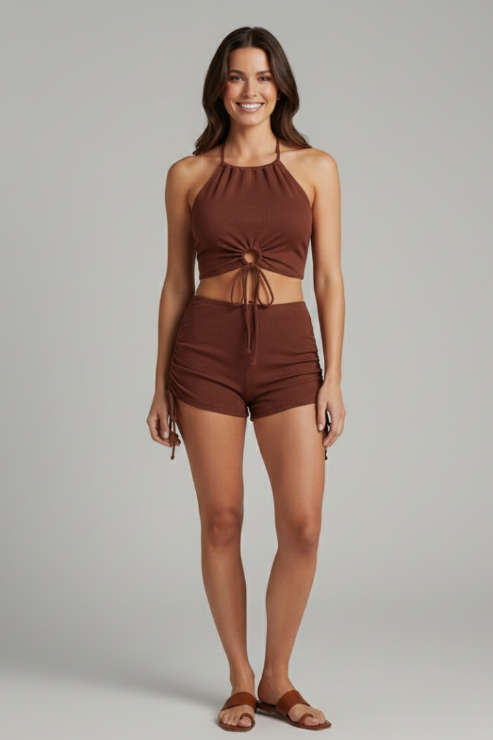 Women's Halter Neck Crop Top and Shorts Swimsuit Set - Ring Detail - Ruched