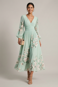 Women's Floral Border Print Maxi Dress - V-Neck Bishop Sleeve