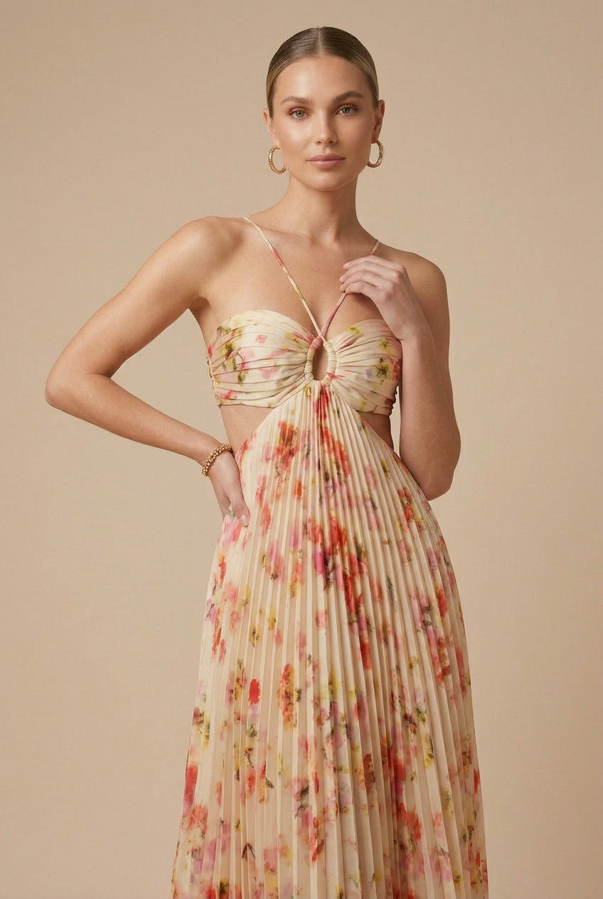 Women's Floral Halter Neck Pleated Open Back Maxi Dress