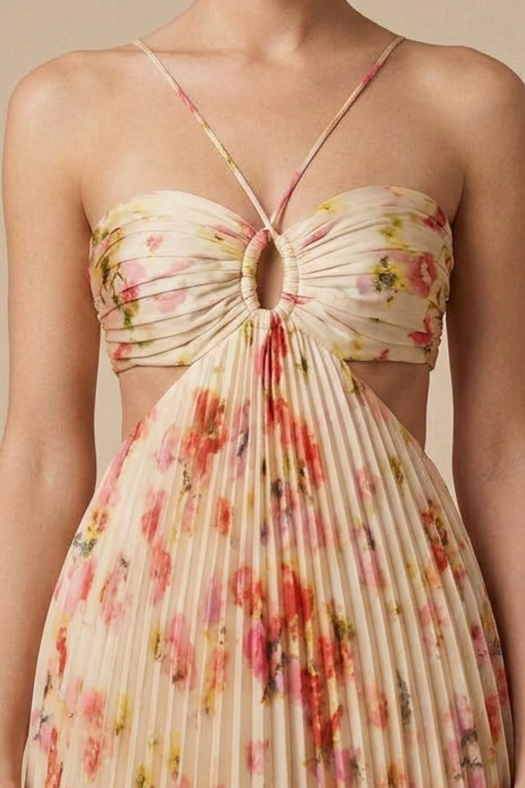 Women's Floral Halter Neck Pleated Open Back Maxi Dress