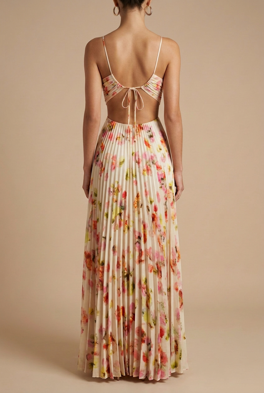 Women's Floral Halter Neck Pleated Open Back Maxi Dress
