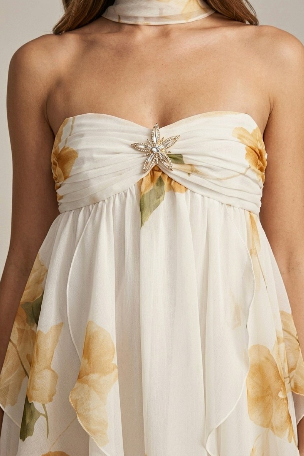 Women's Floral Mini Dress - Halter Neck Flowy Dress with Ruffle Hem