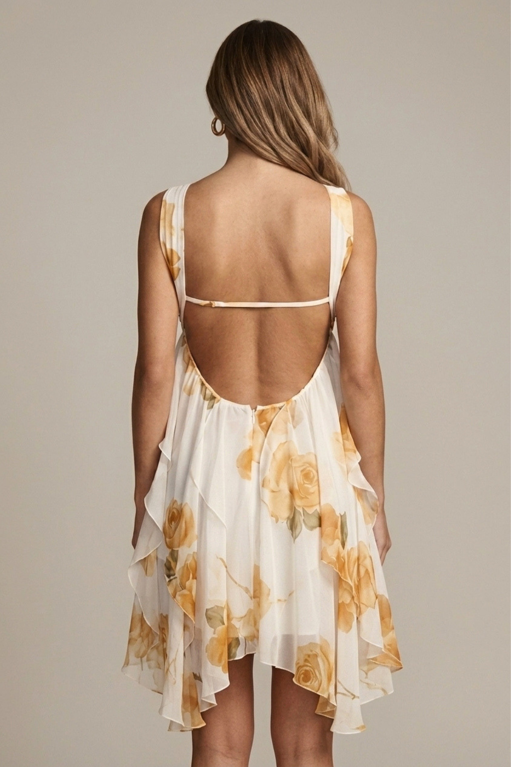 Women's Floral Mini Dress - Halter Neck Flowy Dress with Ruffle Hem