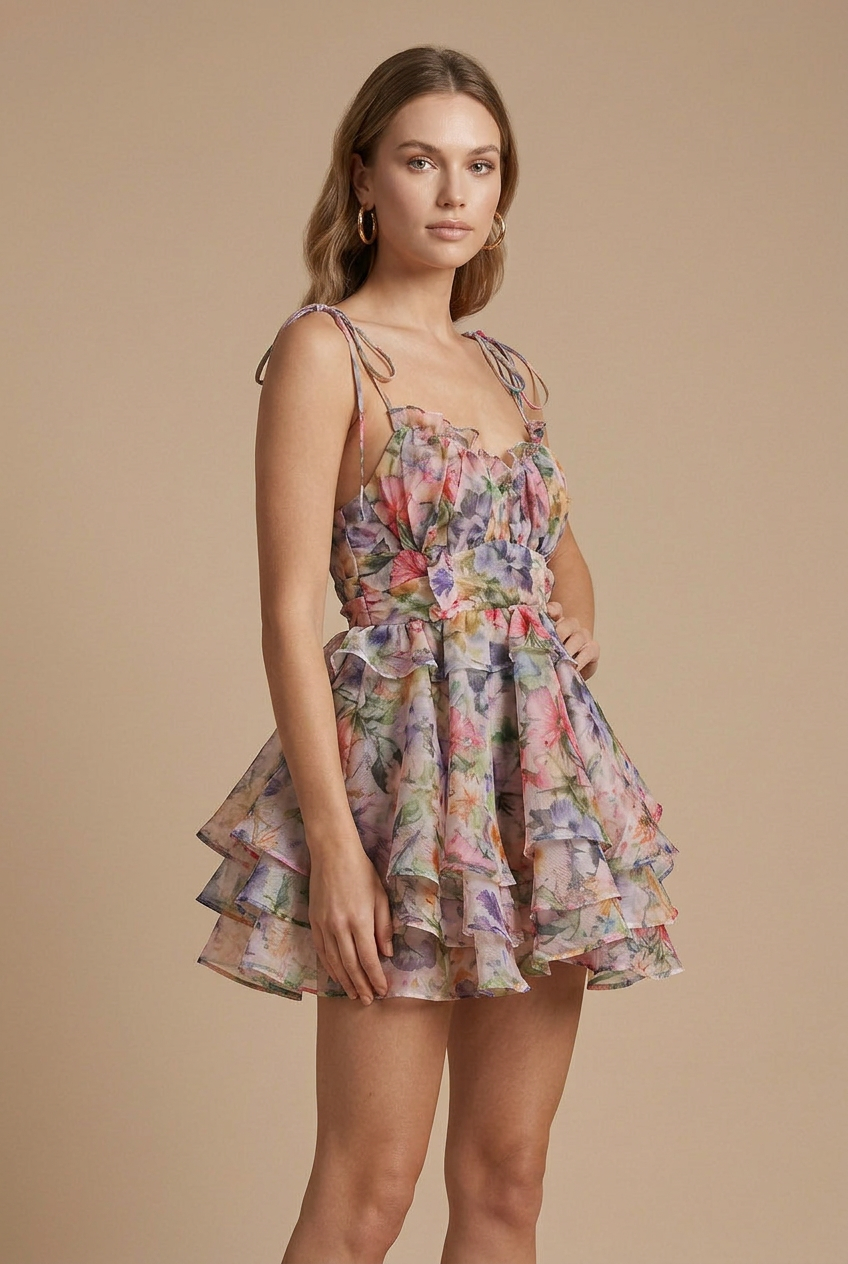 Women's Floral Sweetheart Corset Tiered Ruffle Mini Dress