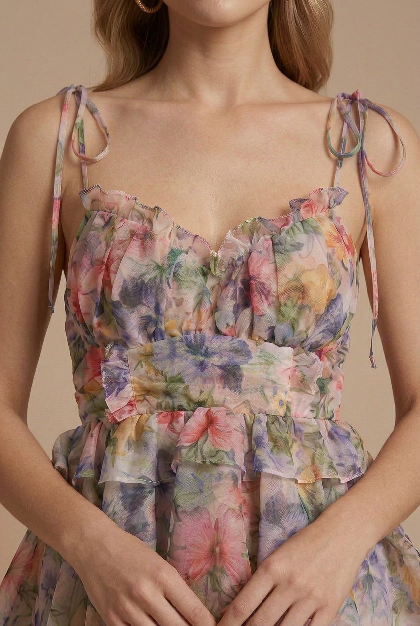 Women's Floral Sweetheart Corset Tiered Ruffle Mini Dress