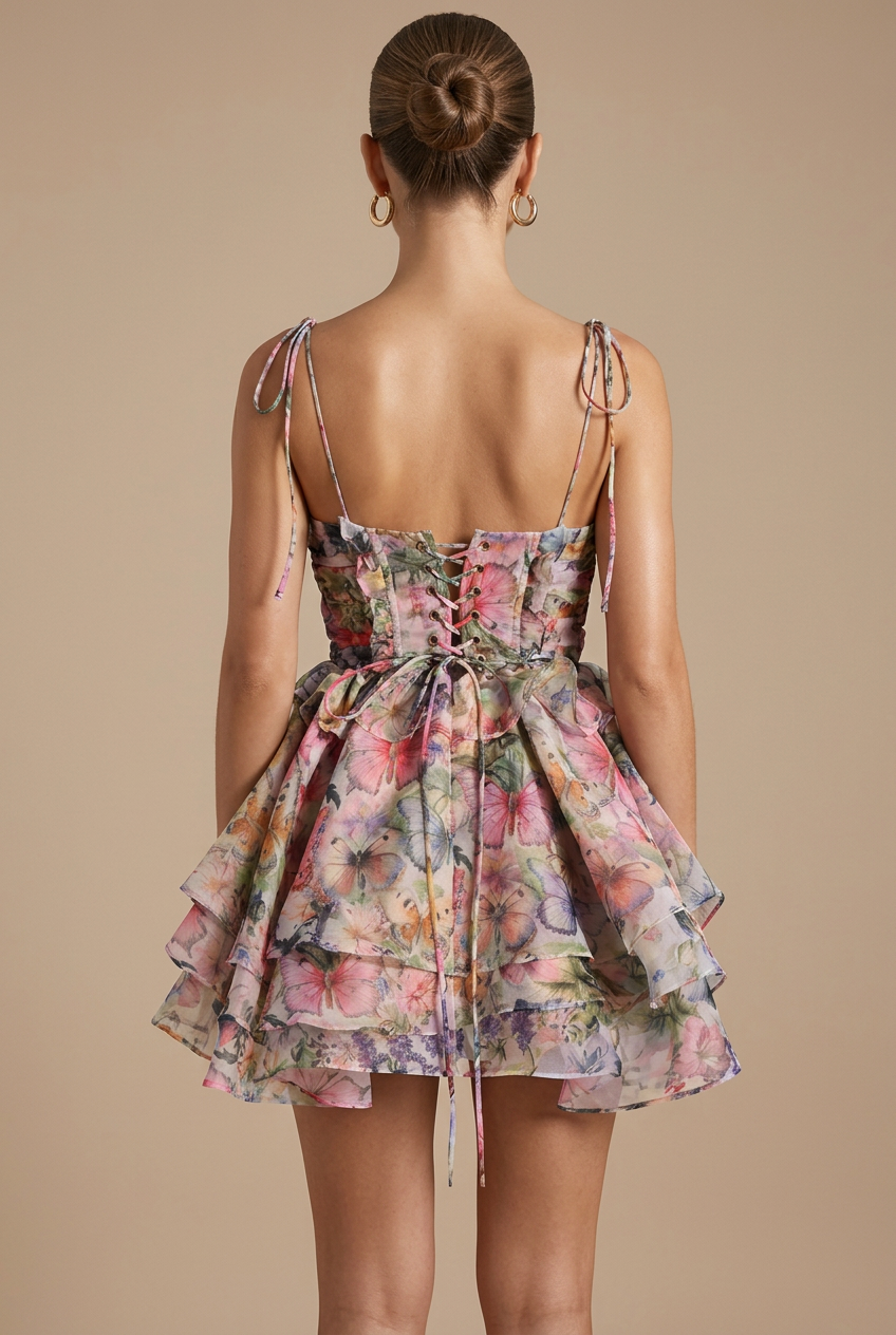 Women's Floral Sweetheart Corset Tiered Ruffle Mini Dress