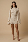 Women's High Neck Lace Bell Sleeve Top - Mini Skirt Two Piece Set