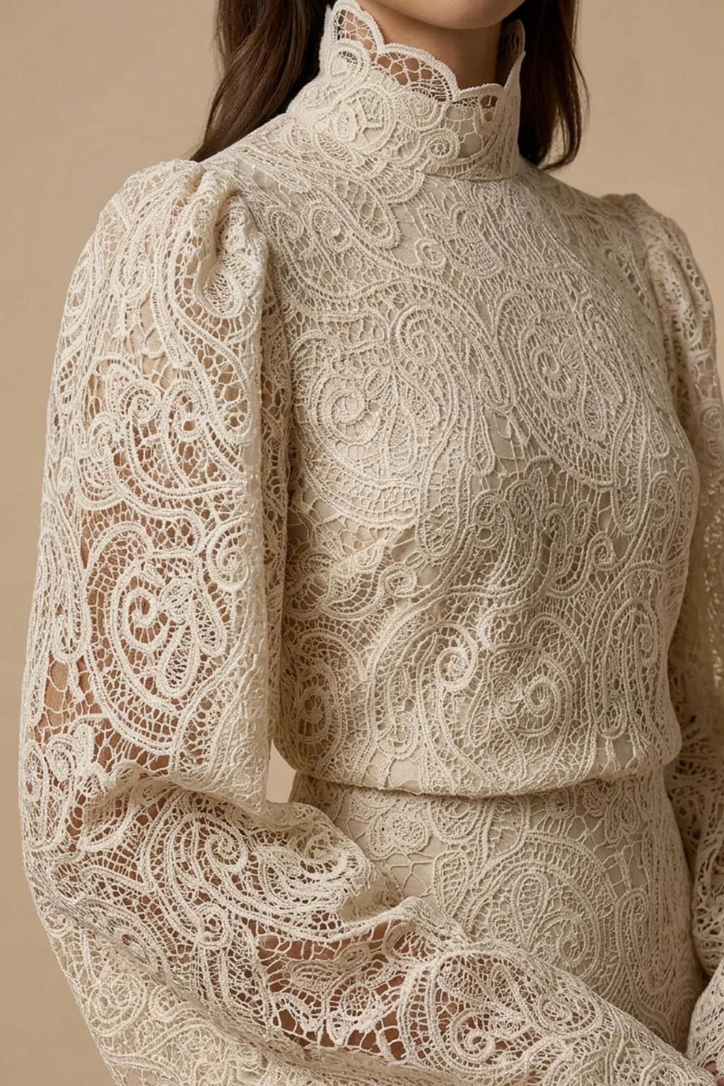 Women's High Neck Lace Bell Sleeve Top - Mini Skirt Two Piece Set