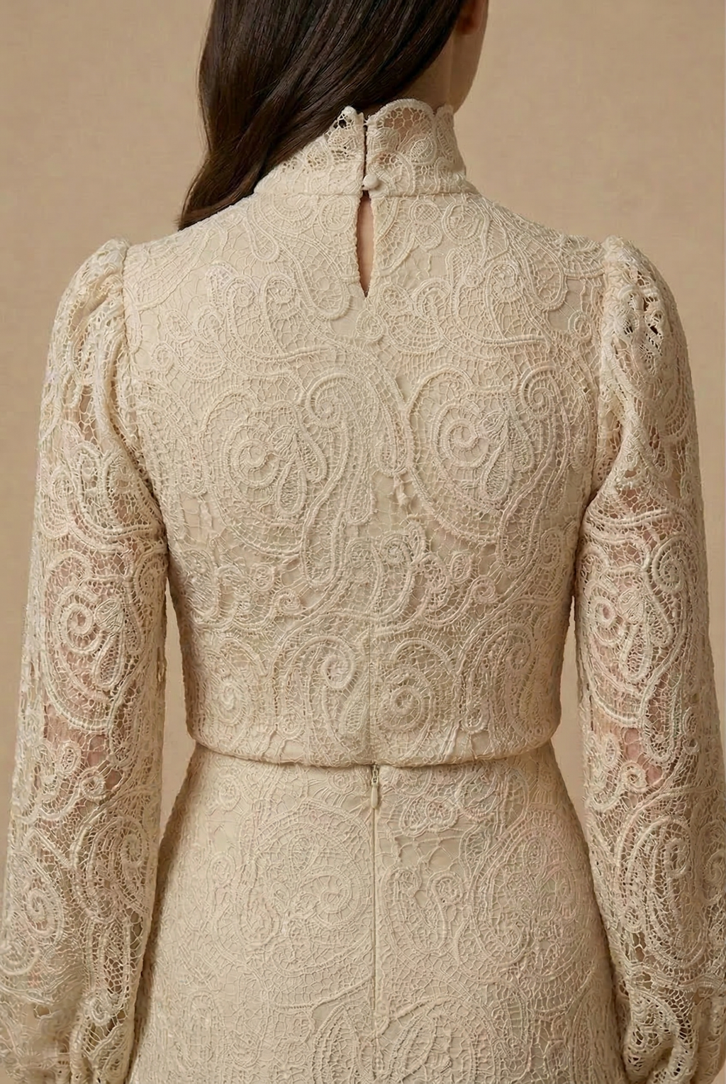Women's High Neck Lace Bell Sleeve Top - Mini Skirt Two Piece Set