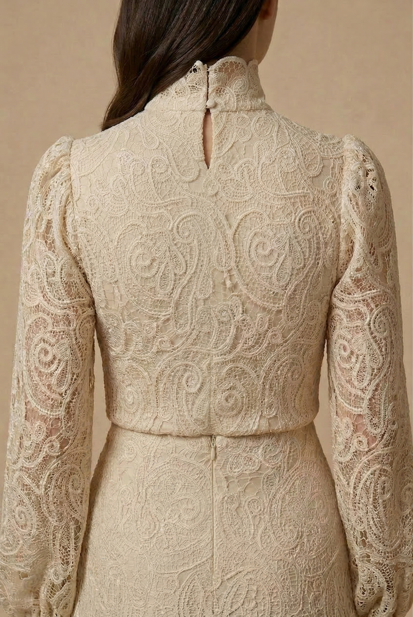Women's High Neck Lace Bell Sleeve Top - Mini Skirt Two Piece Set