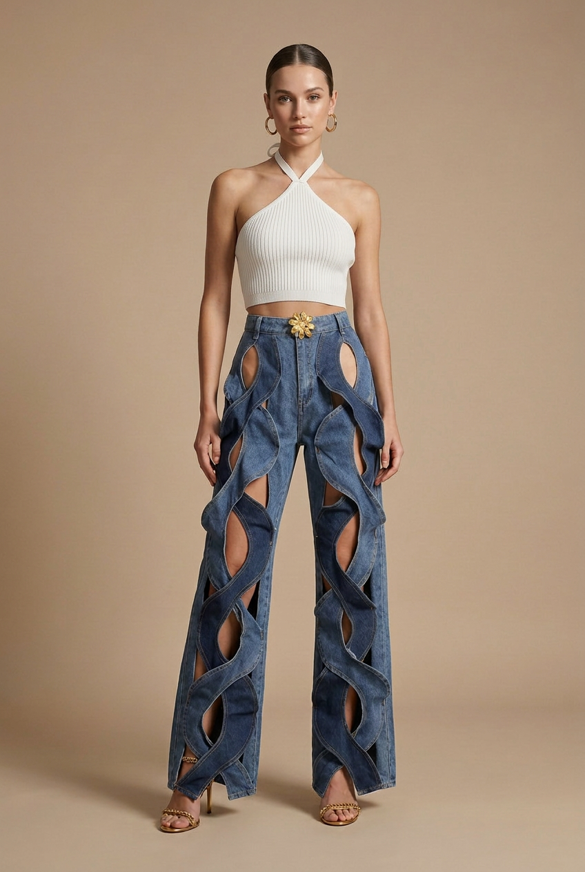 Women's High Waist Wide Leg Cutout Woven Strap Denim Pants