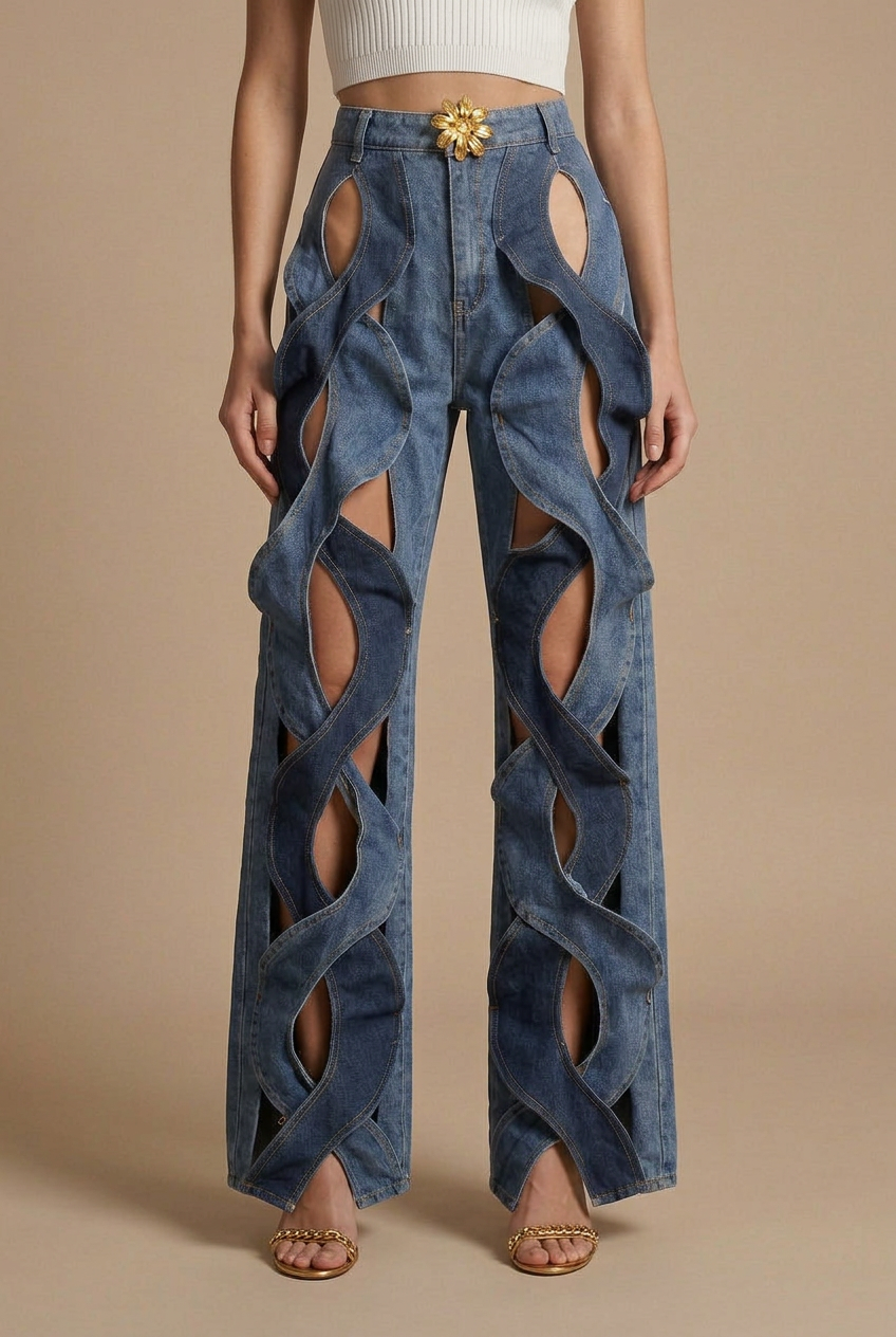 Women's High Waist Wide Leg Cutout Woven Strap Denim Pants
