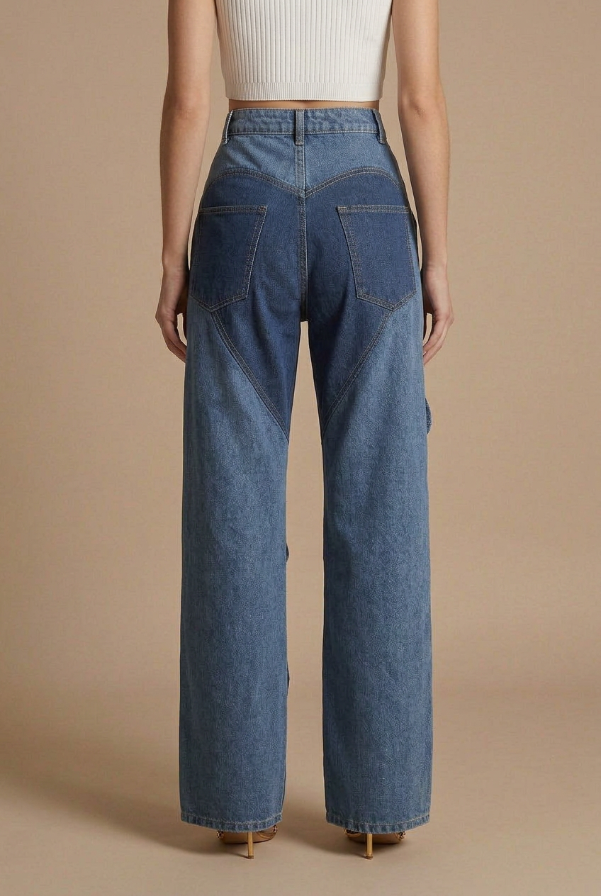 Women's High Waist Wide Leg Cutout Woven Strap Denim Pants