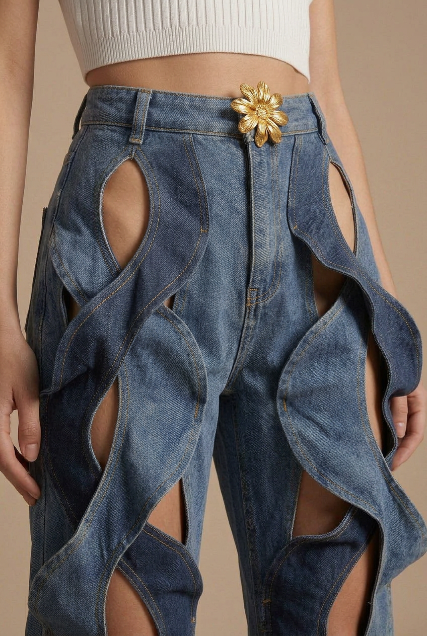 Women's High Waist Wide Leg Cutout Woven Strap Denim Pants