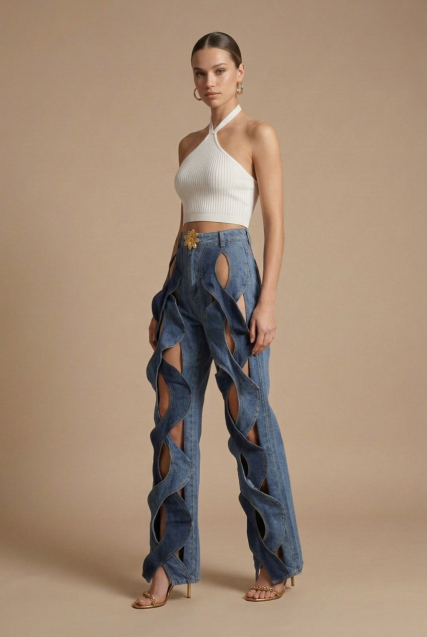 Women's High Waist Wide Leg Cutout Woven Strap Denim Pants
