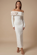 Women’s Off Shoulder Bodycon Maxi Dress with Long Sleeves and Floral Applique Neckline