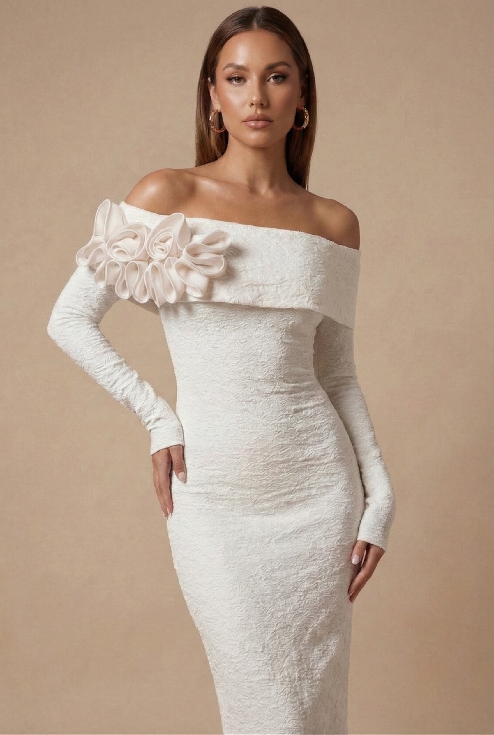 Women’s Off Shoulder Bodycon Maxi Dress with Long Sleeves and Floral Applique Neckline