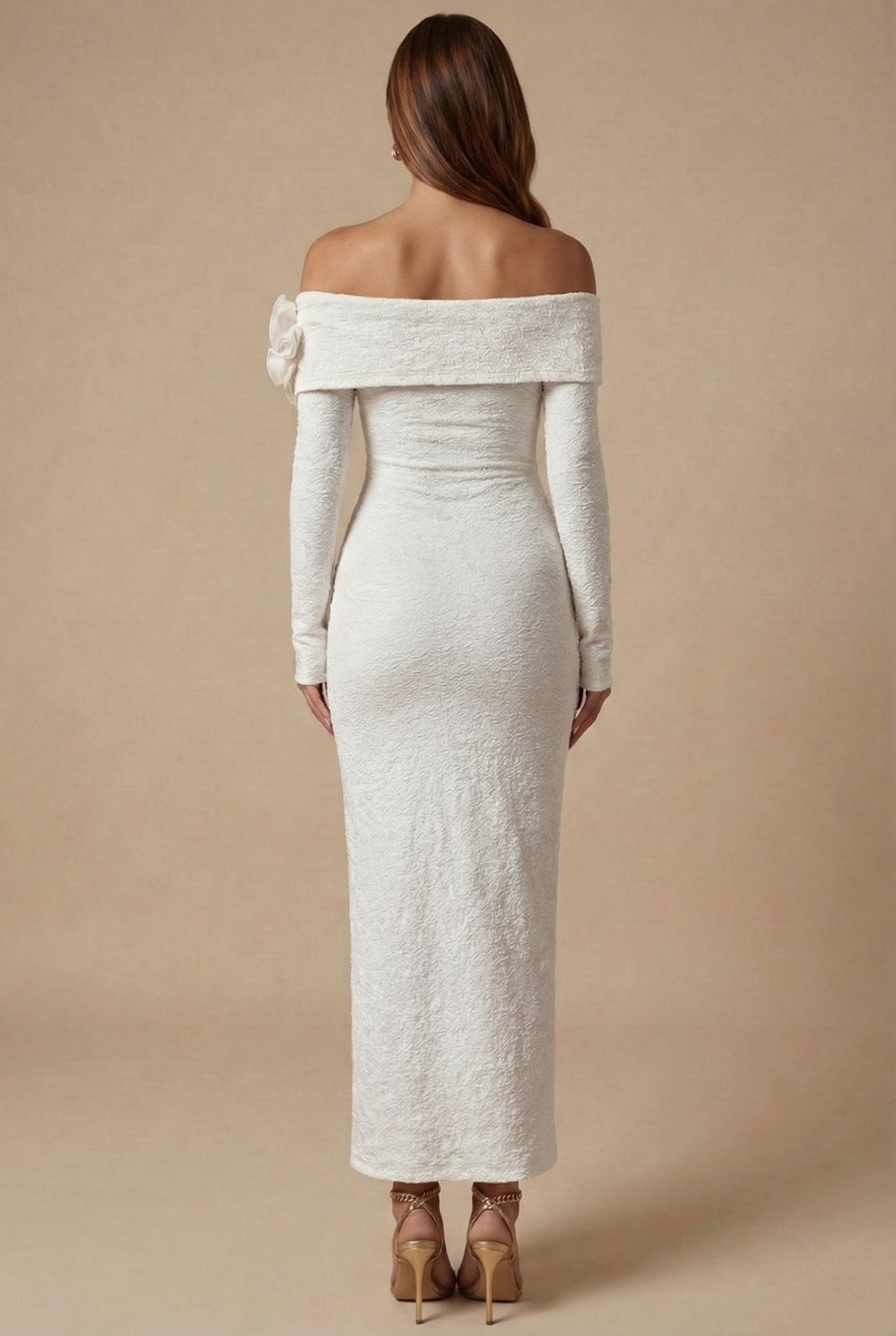 Women’s Off Shoulder Bodycon Maxi Dress with Long Sleeves and Floral Applique Neckline