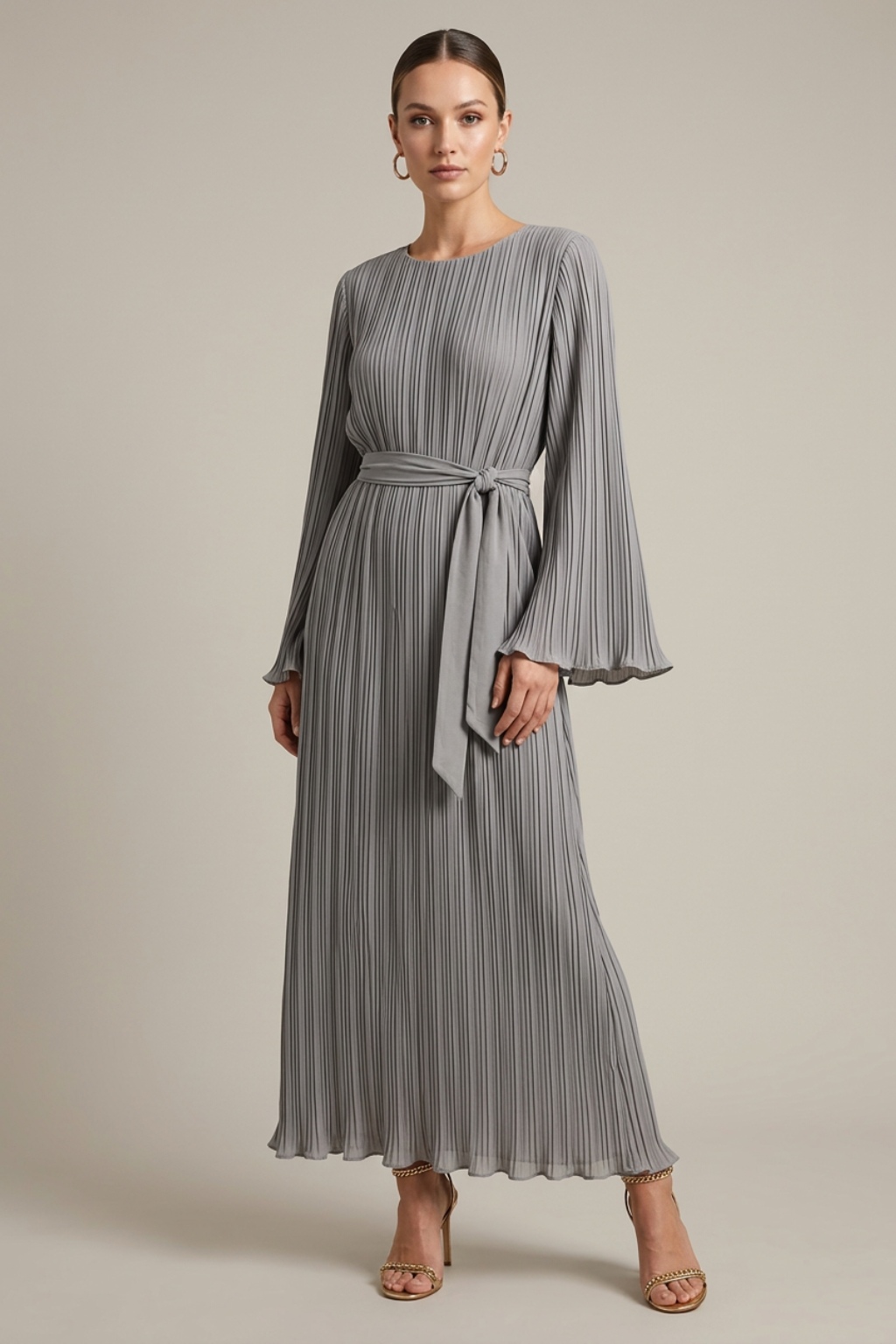 Women's Pleated Maxi Dress - Crew Neck Bell Sleeve Belted