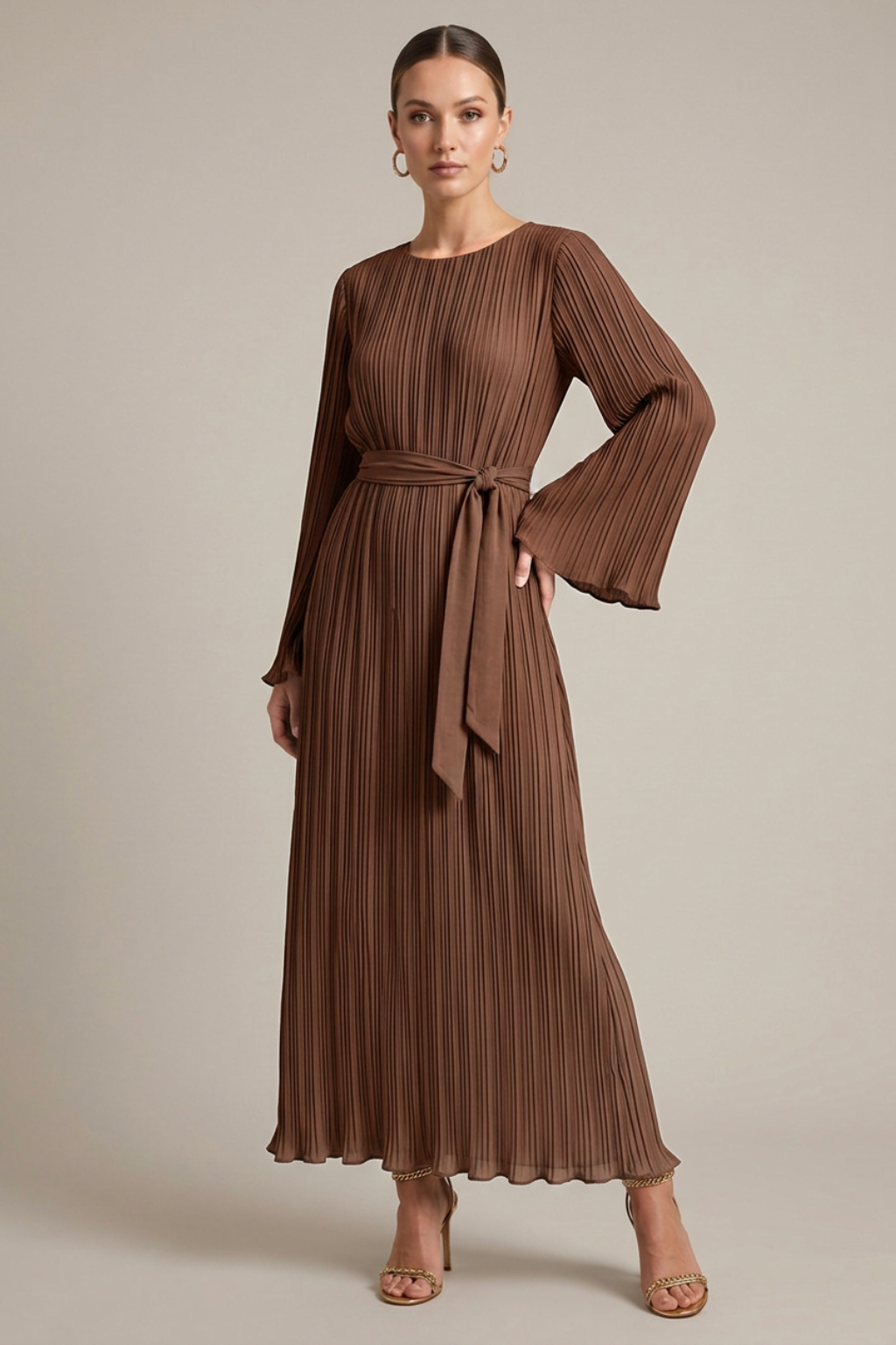 Women's Pleated Maxi Dress - Crew Neck Bell Sleeve Belted