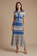 V-neck Color-block Wave Striped Sweater Pleated Mid-length Skirt Set